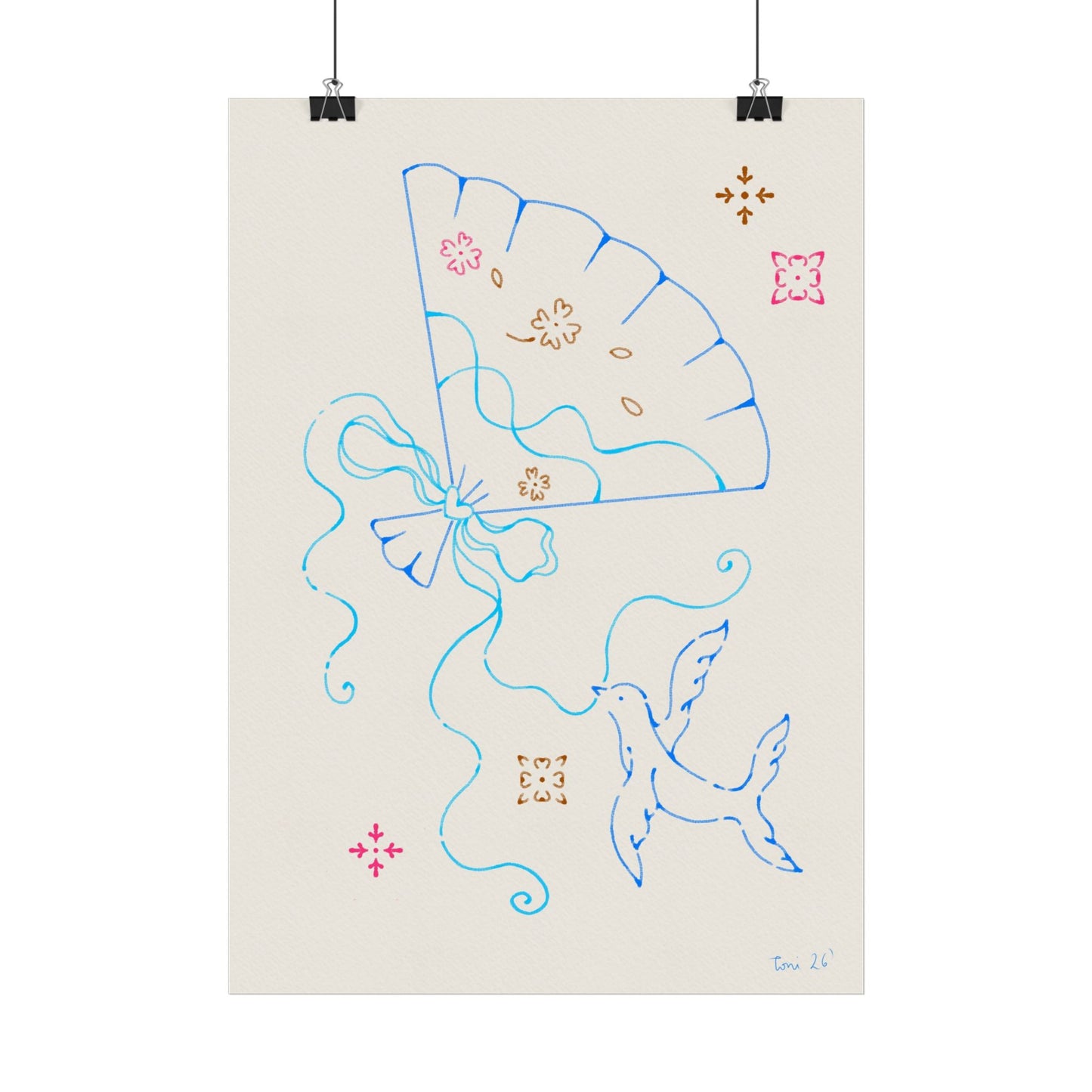 Decorative Poster — Hand Fan & Bird Line Art Print