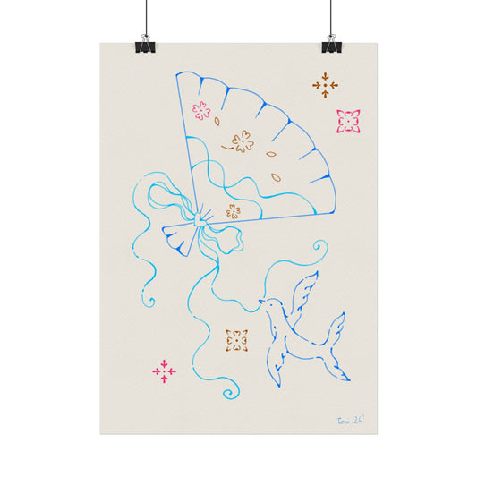 Decorative Poster — Hand Fan & Bird Line Art Print