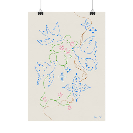 Dove Floral Poster — Peaceful Blue & Pastel Wall Art