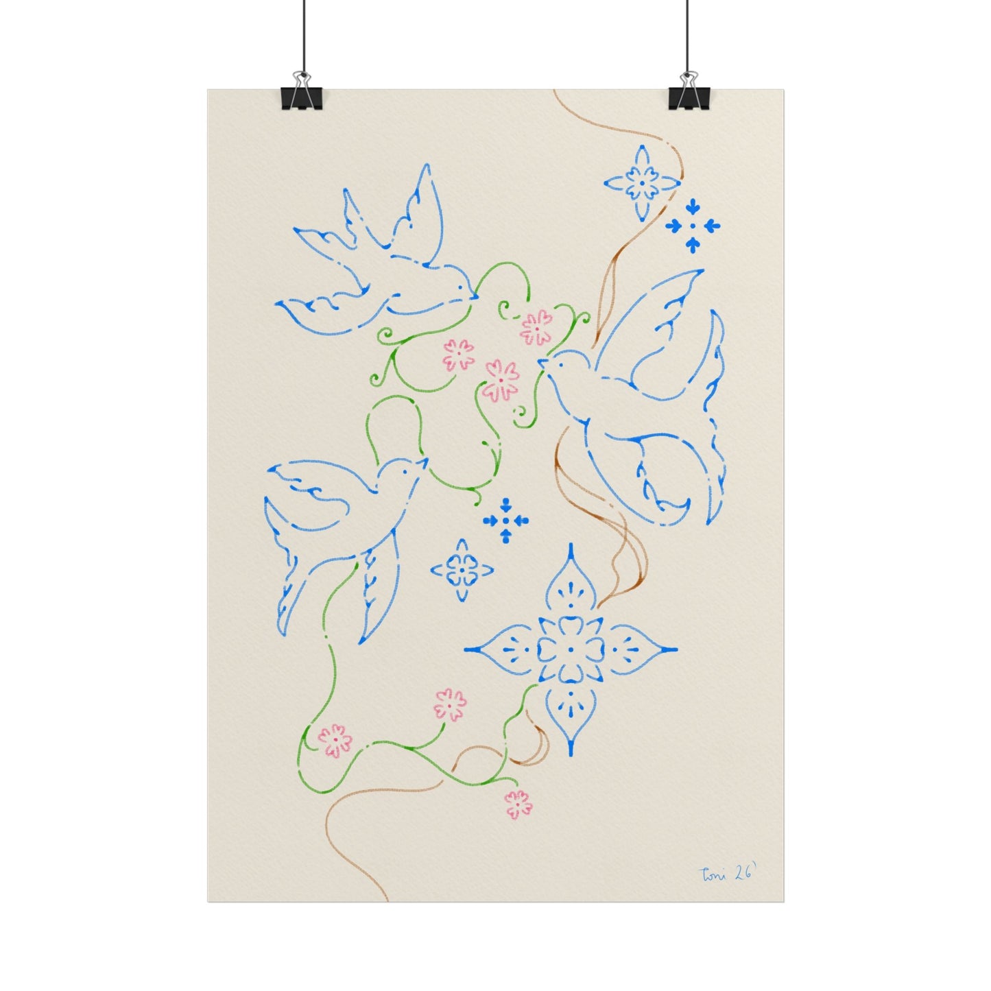 Dove Floral Poster — Peaceful Blue & Pastel Wall Art