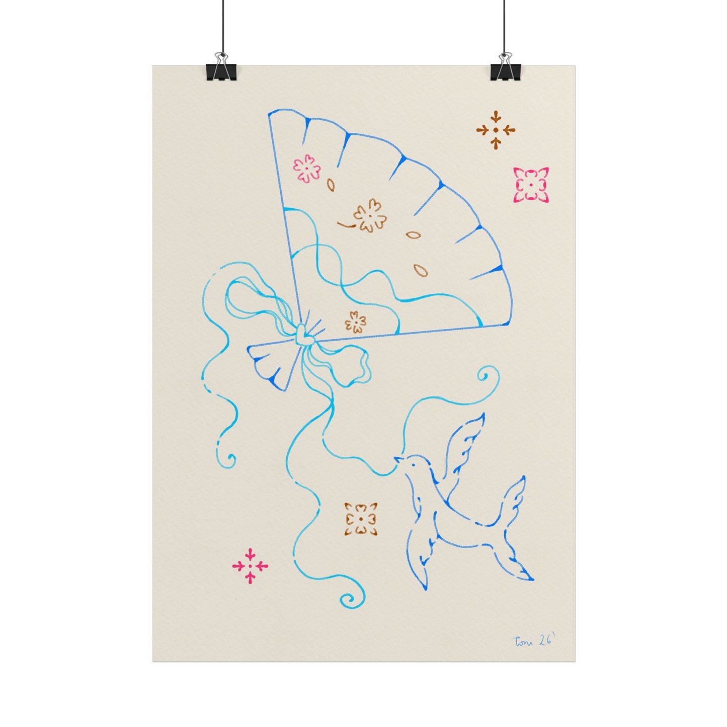 Decorative Poster — Hand Fan & Bird Line Art Print